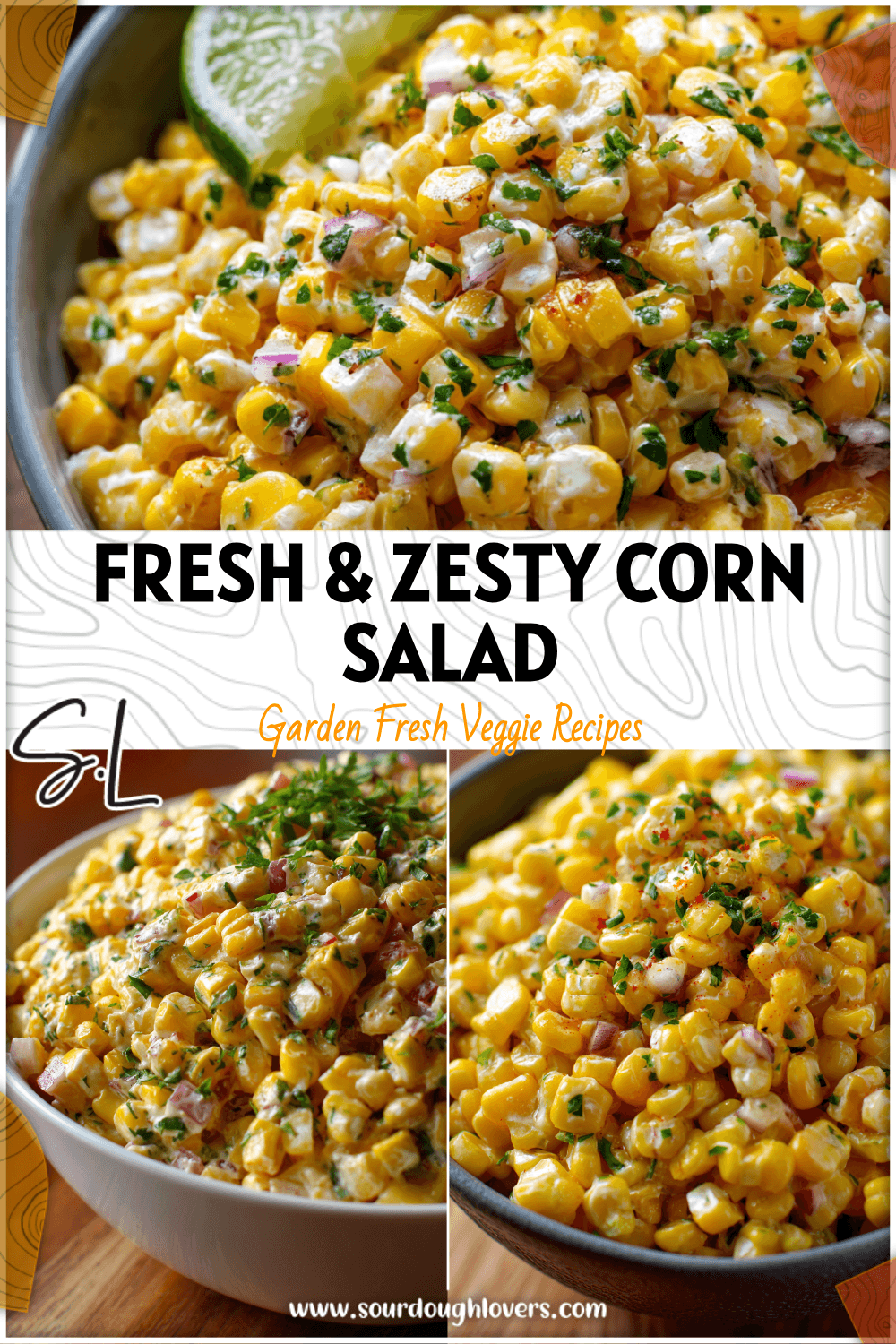 Bowl of creamy lime corn salad topped with herbs, an easy side Mexican dish and fresh salad snack.